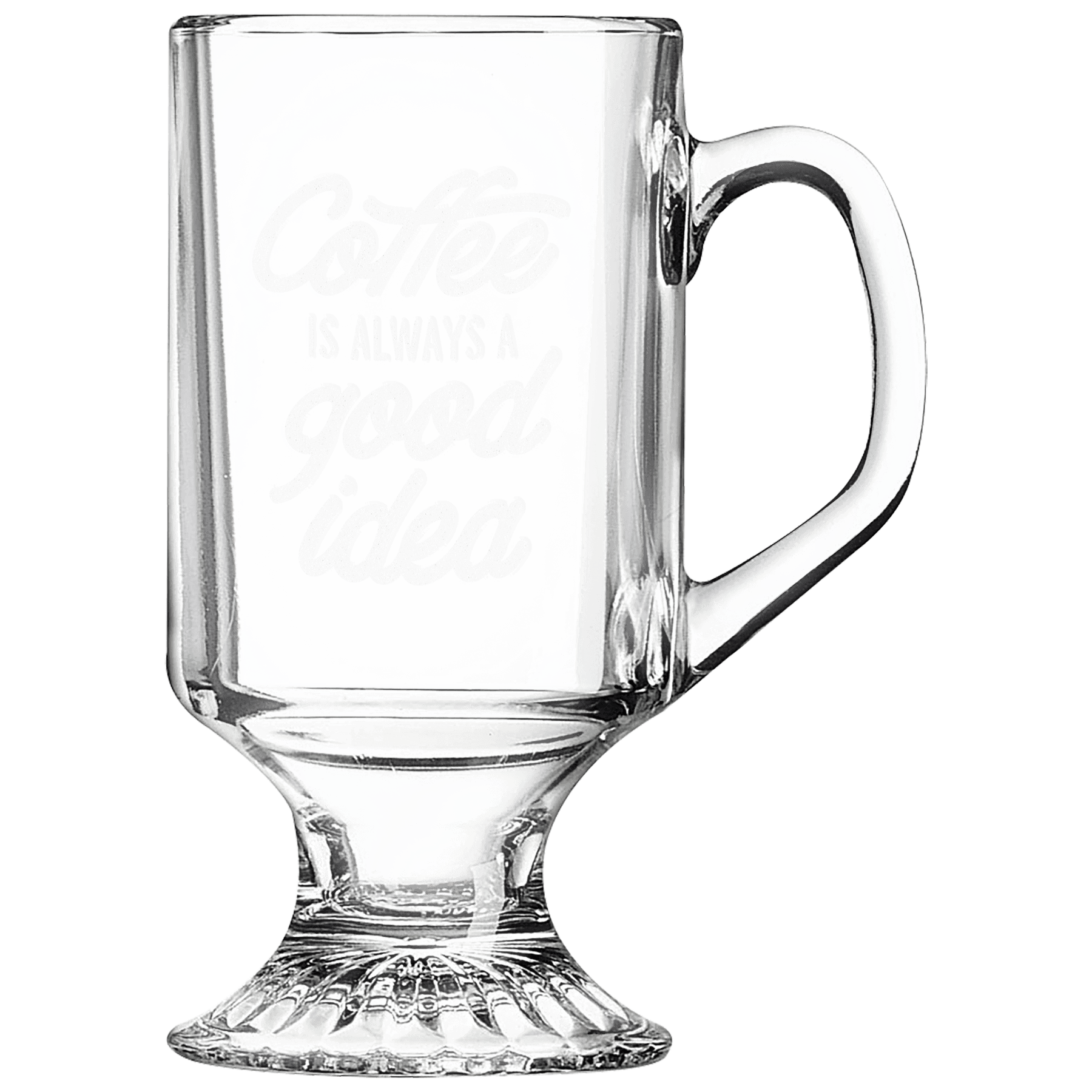Clear 10 oz. footed glass coffee mugs with handles and a frosted etched design, shown as a matching set