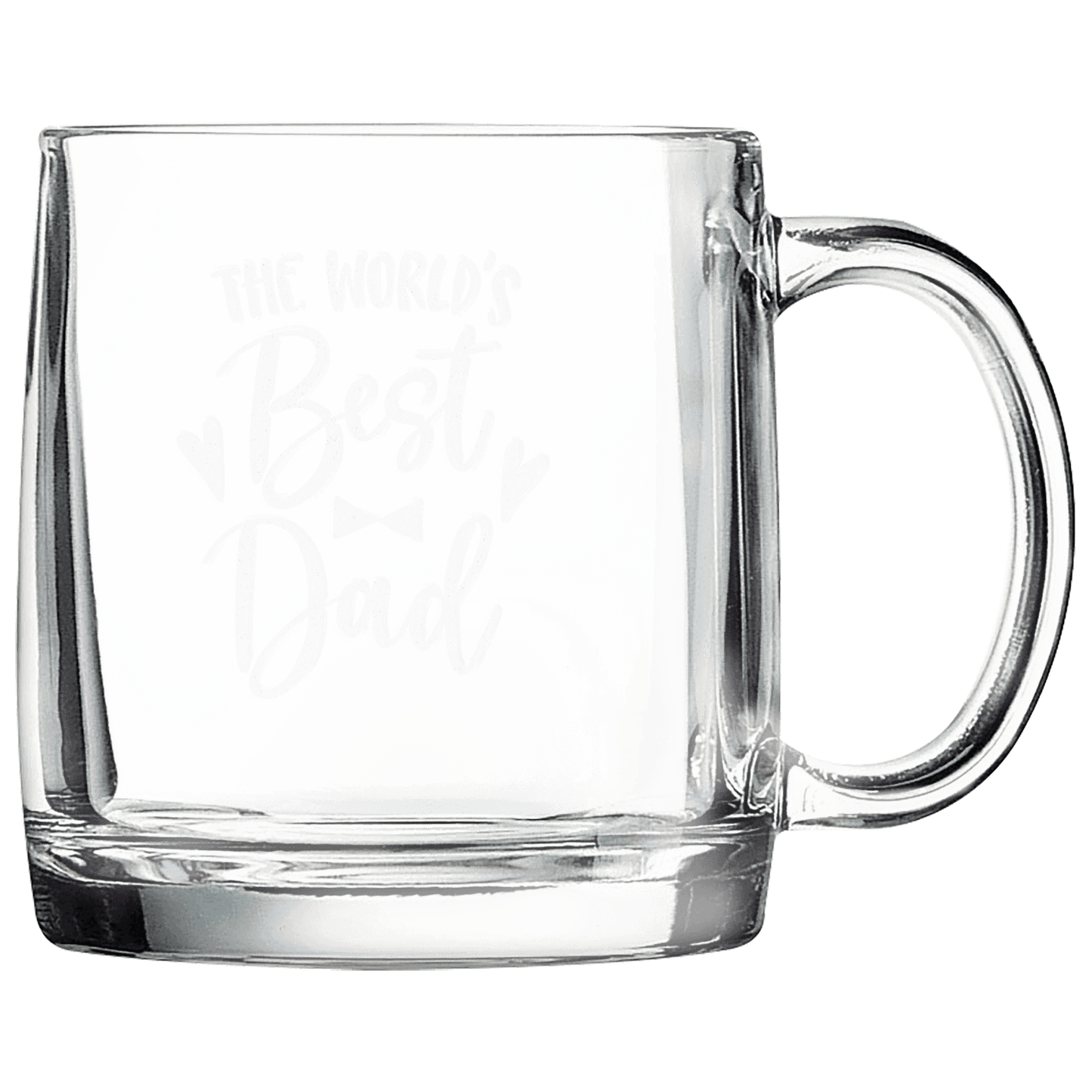 Clear 12 ounce glass coffee mugs with handles and a frosted etched design, shown as a matching set