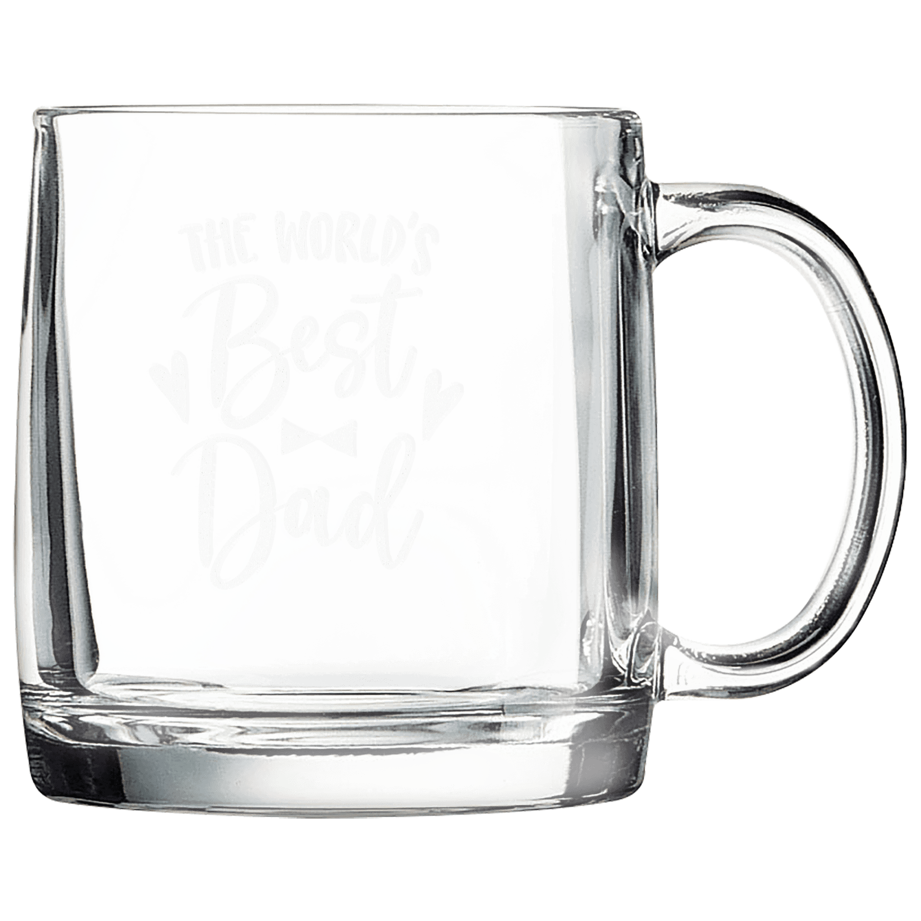 Clear 12 ounce glass coffee mugs with handles and a frosted etched design, shown as a matching set