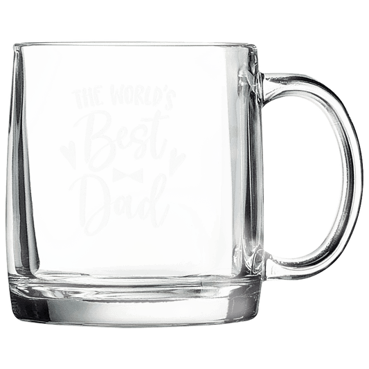 Clear 12 ounce glass coffee mugs with handles and a frosted etched design, shown as a matching set