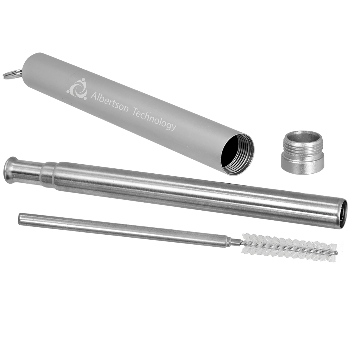 Collapsible metal straw with cleaning brush in an aluminum carry case