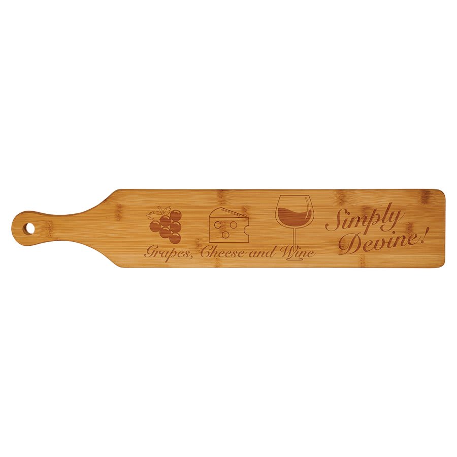 Wooden paddle board with engraved text on a white background