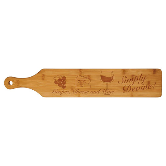 Wooden paddle board with engraved text on a white background
