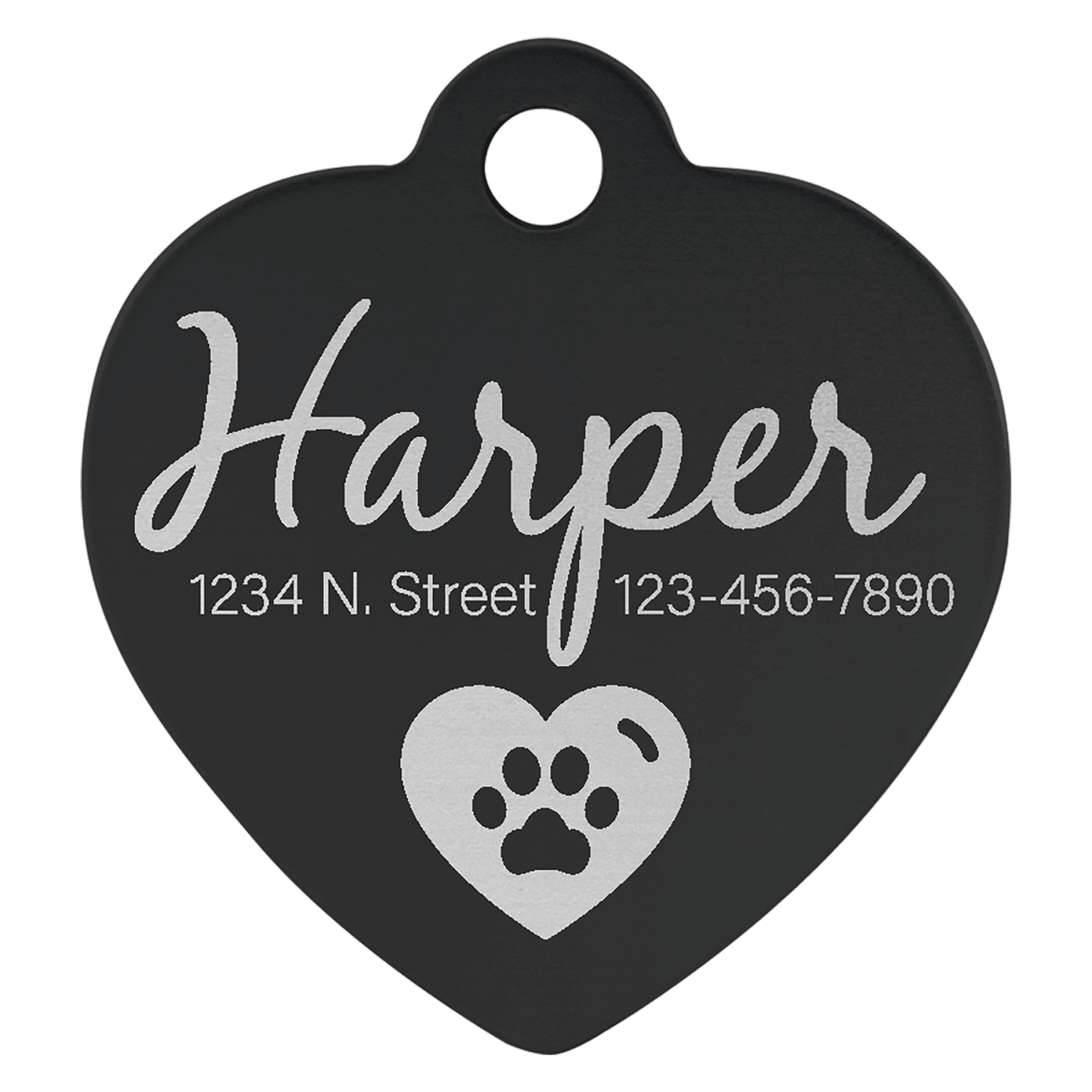 Black anodized aluminum heart pet id tag