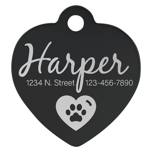Black anodized aluminum heart pet id tag