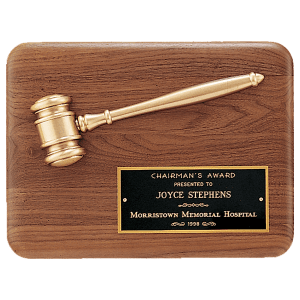 Walnut Plaque with Antique Bronze Metal Gavel