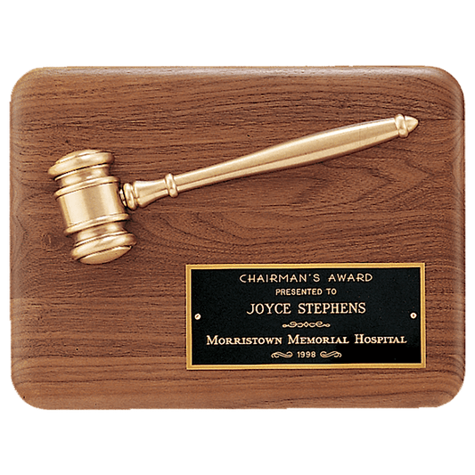 Walnut plaque with antique bronze metal gavel, 9 by 12 inches