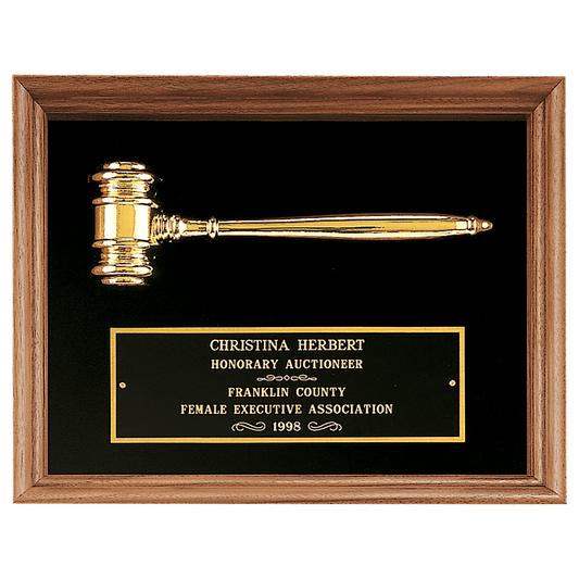 Walnut frame plaque with gold electroplated gavel on black velour, 10 by 13 inches