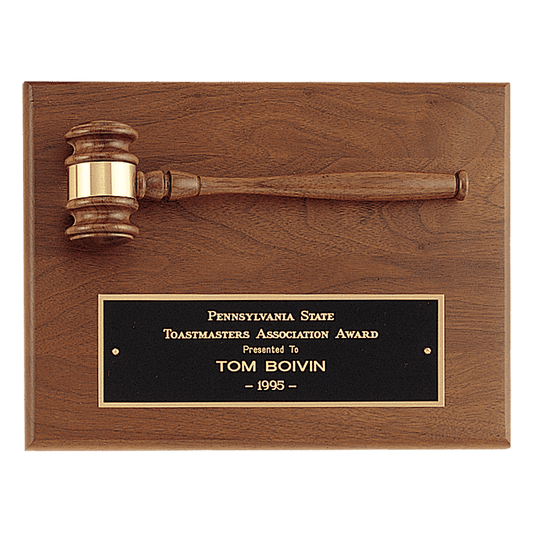 Walnut plaque with walnut gavel and black brass plate, 9 by 12 inches