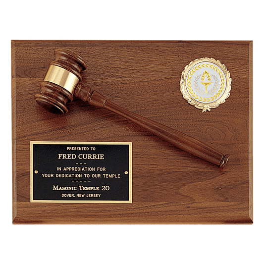Walnut plaque with walnut gavel, 2 inch insert holder, and black brass plate, 9 by 12 inches