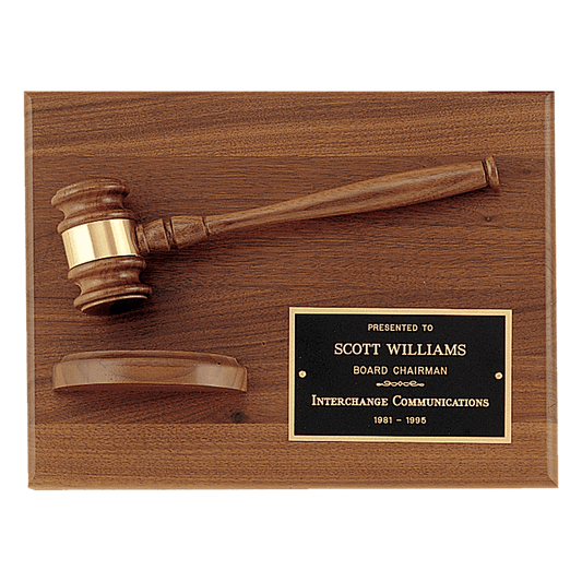 Walnut plaque and gavel with half sounding block and black brass plate, 9 by 12 inches