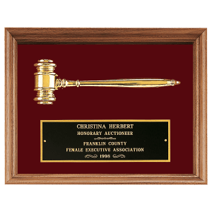 Walnut Frame Plaque with Gold Electroplated Gavel Maroon Velour 10x13
