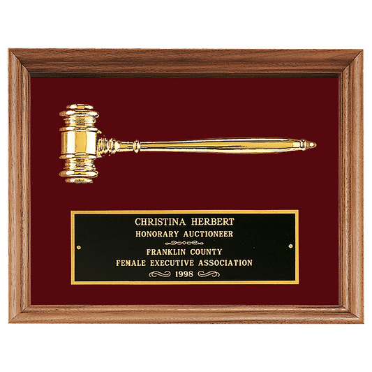Walnut frame plaque with gold electroplated gavel on maroon velour, 10 by 13 inches