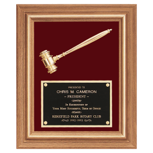 Walnut Frame Plaque with Gold Electroplated Gavel Maroon Velour 15x18
