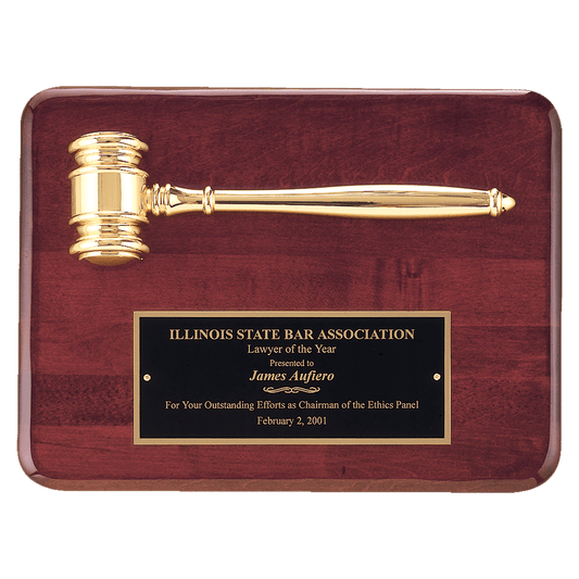 Rosewood piano finish plaque with gold electroplated metal gavel and black plate, 9 by 12 inches
