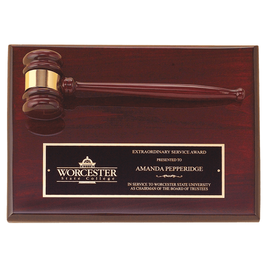 Rosewood piano finish gavel plaque with black brass plate, 9 by 12 inches
