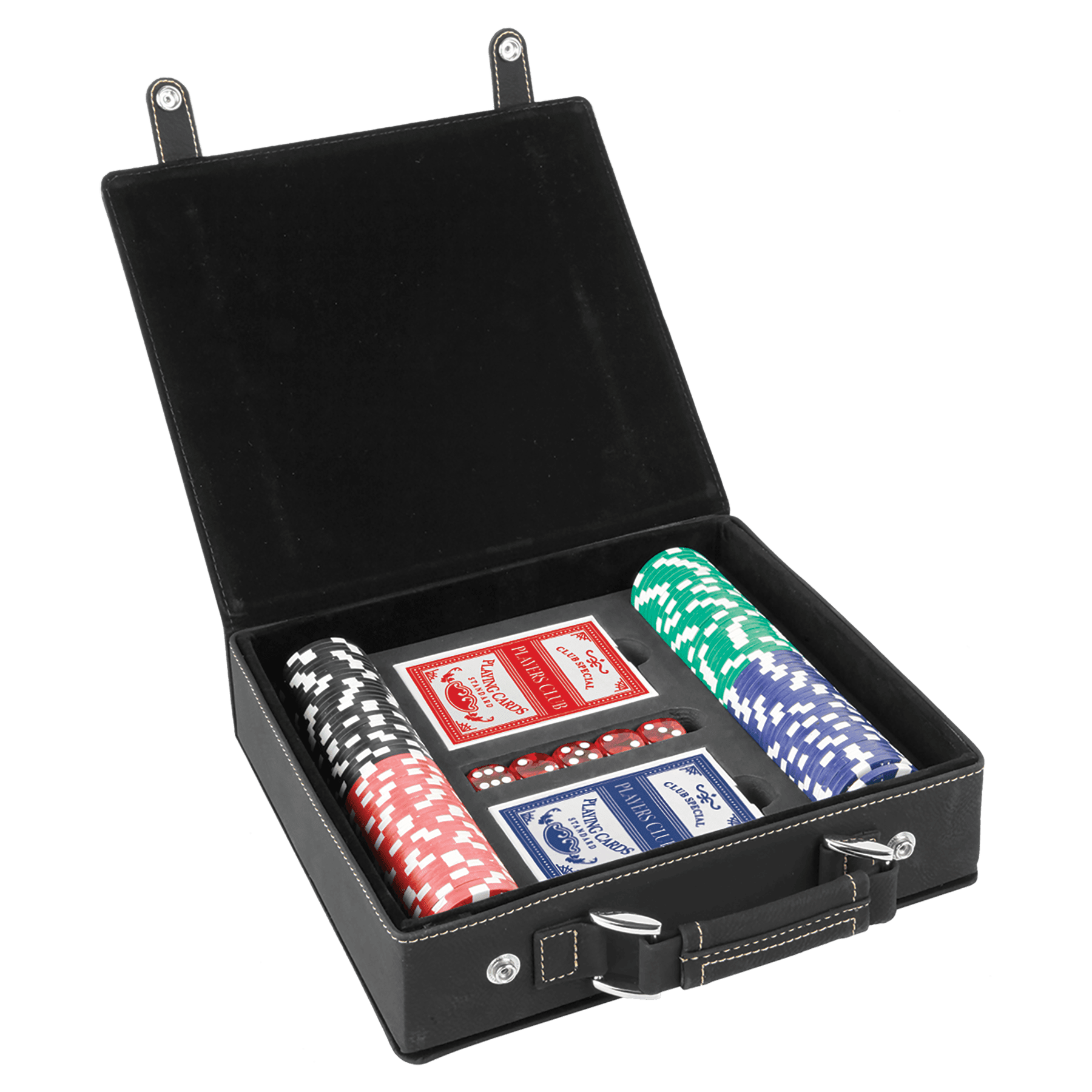 Poker set with cards, chips, and dice in a black case on a transparent background
