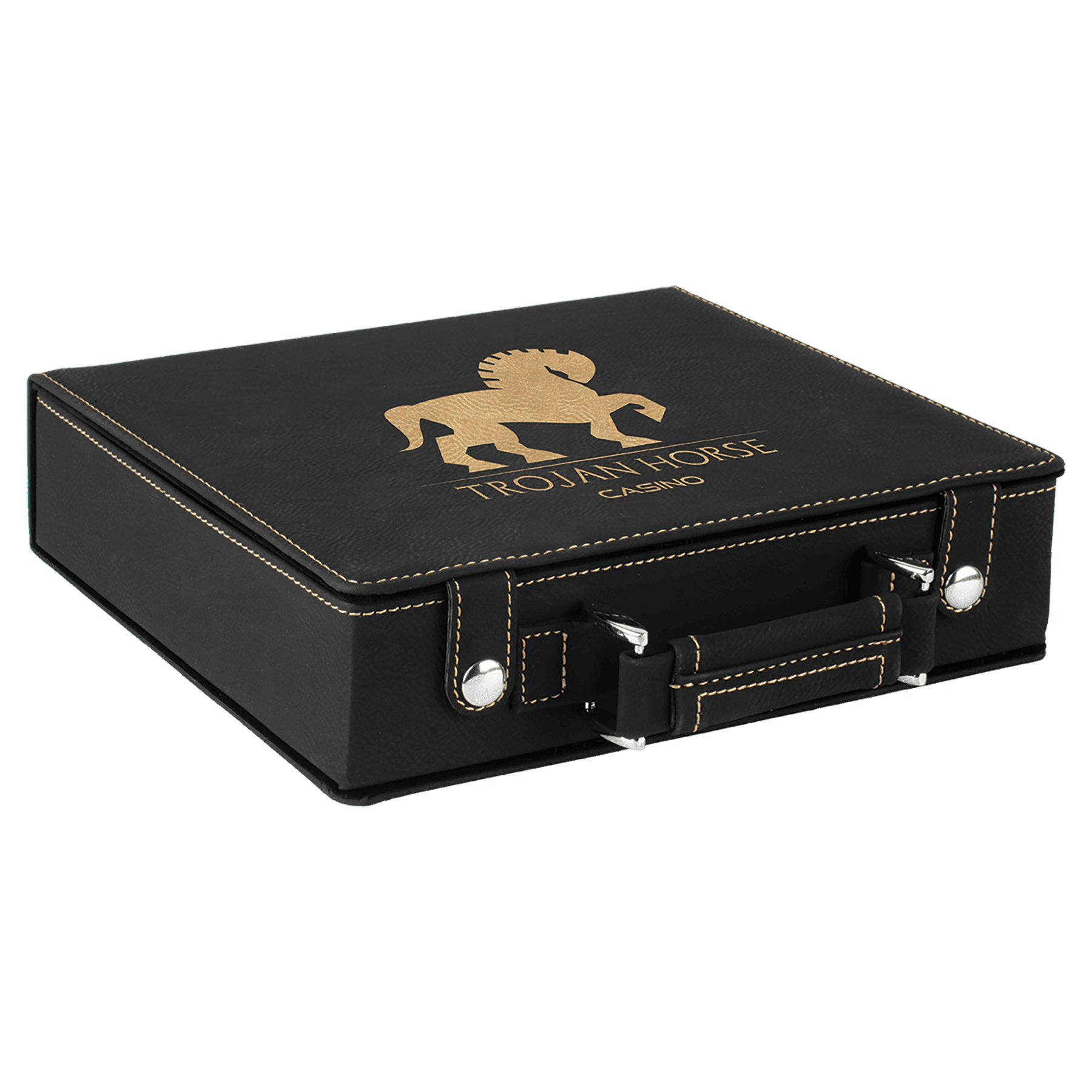 Black leather poker case with gold logo and text on a clear background