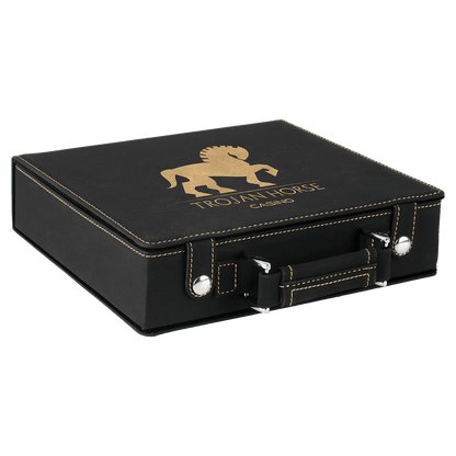 Black leather poker case with gold logo and text on a clear background