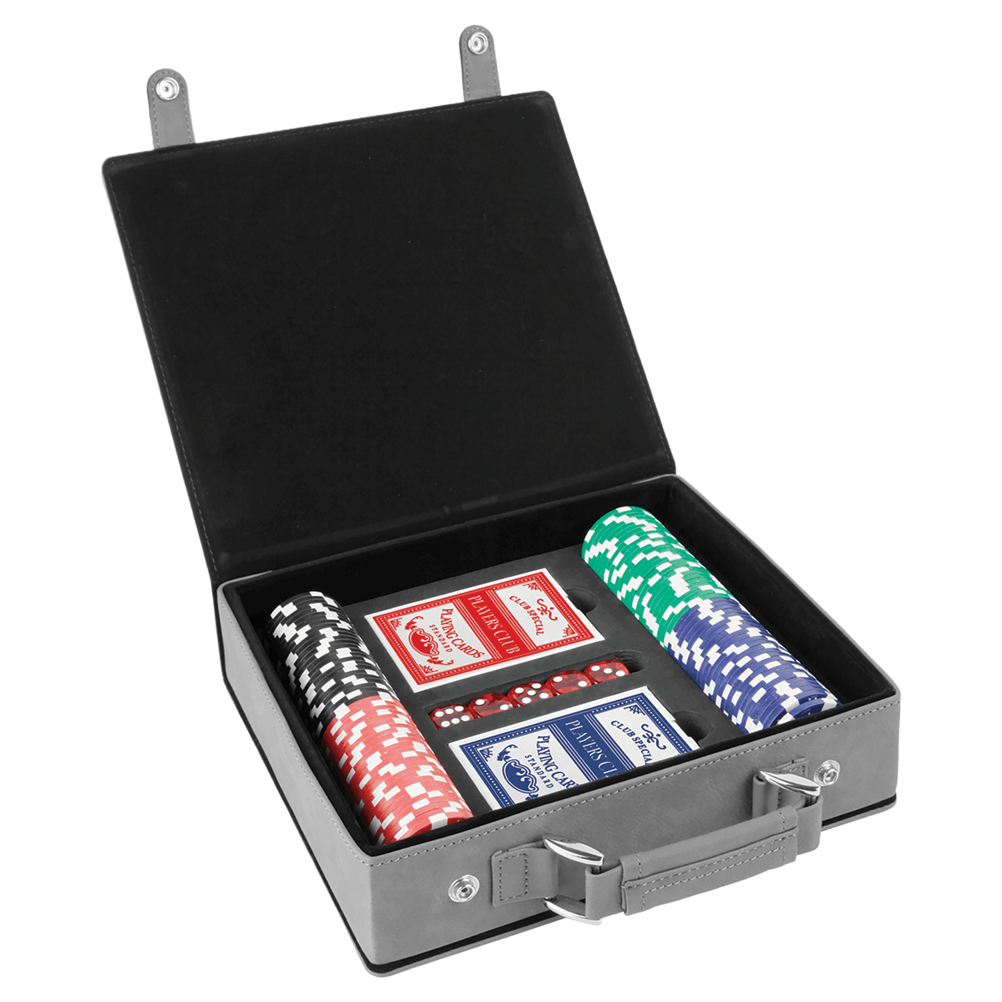 Poker set with cards, chips, and dice in a gray case on a transparent background