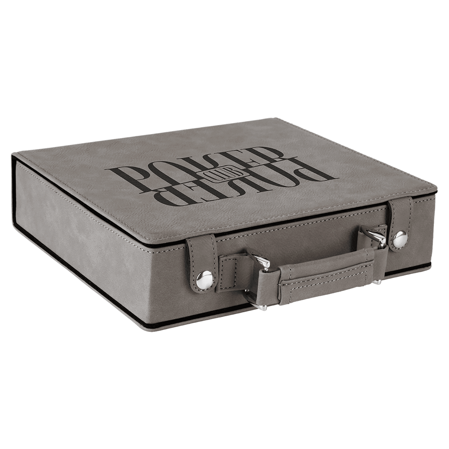 Gray leather poker case with 'Power & Glory' text on a clear background