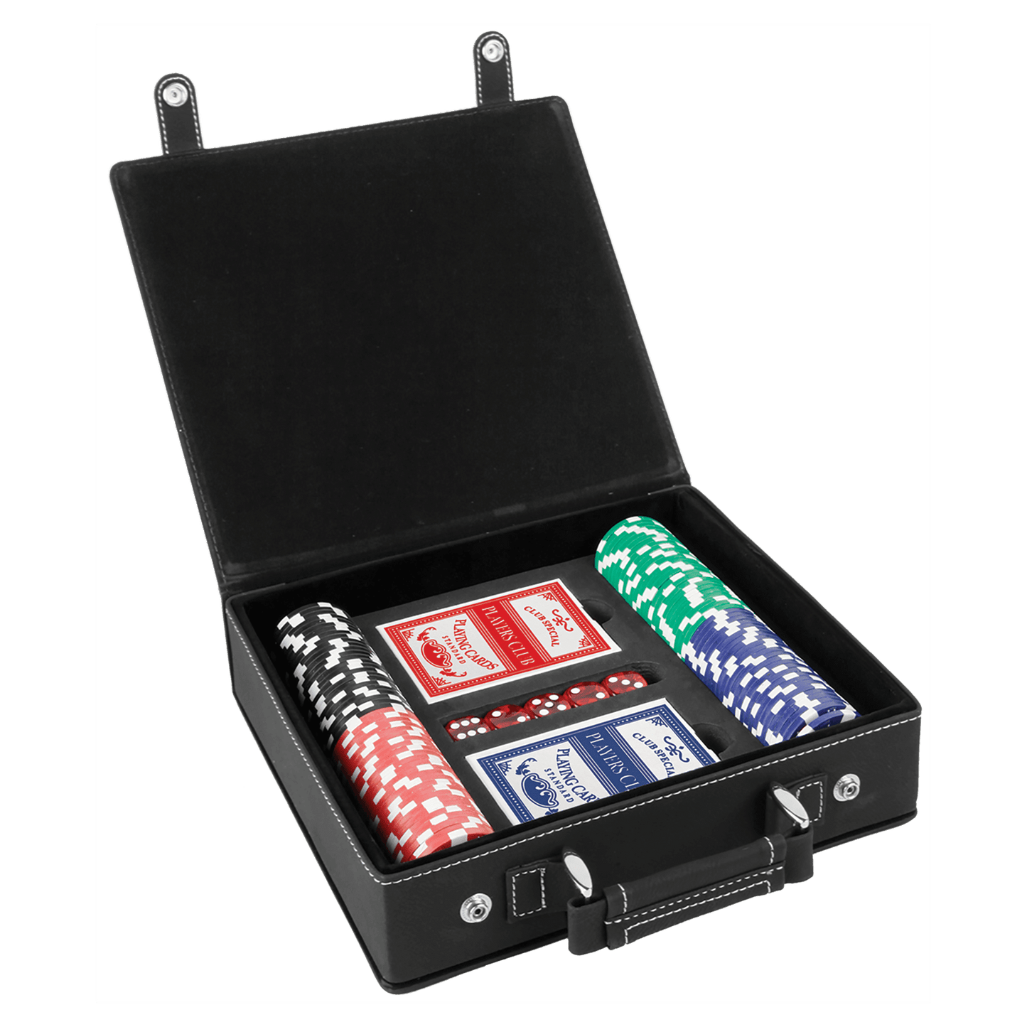 Black leather case with poker chips, cards, and dice on a clear background