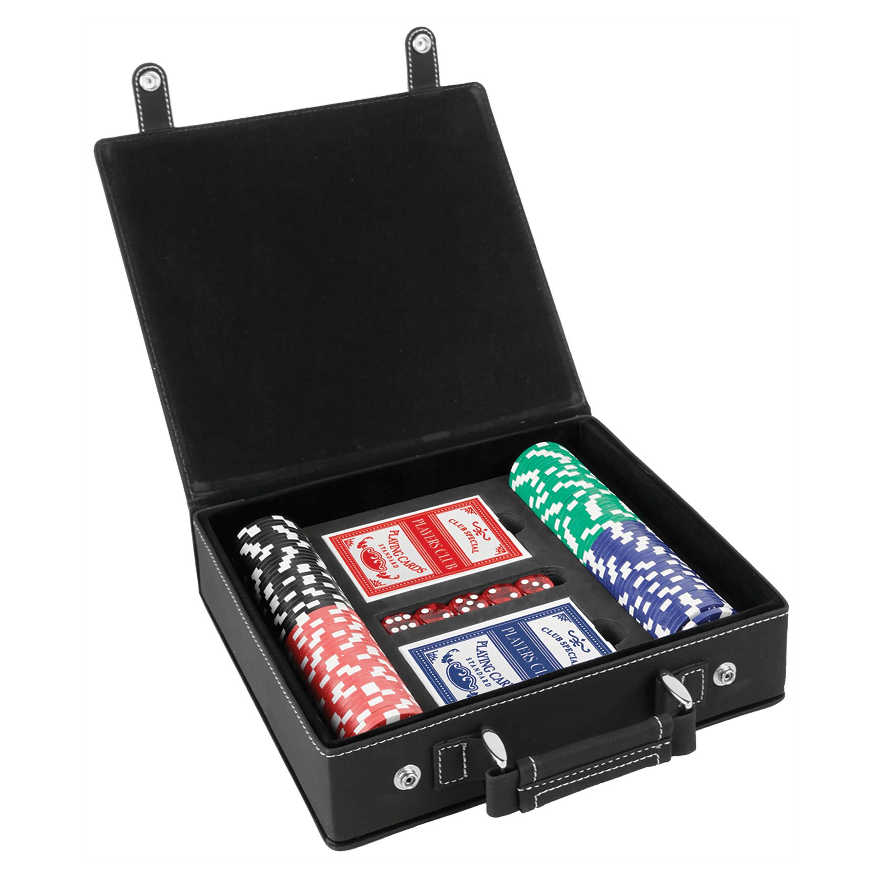 Black leather case with poker chips, cards, and dice on a clear background