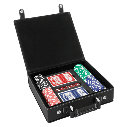 Black leather case with poker chips, cards, and dice on a clear background