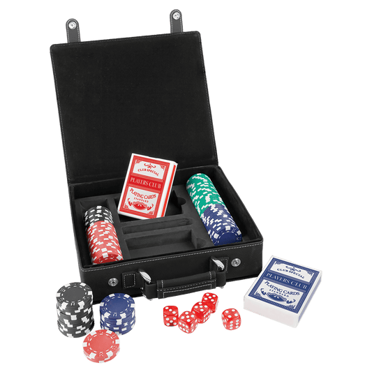 Poker set with cards, chips, and dice in a black leather box on a transparent background