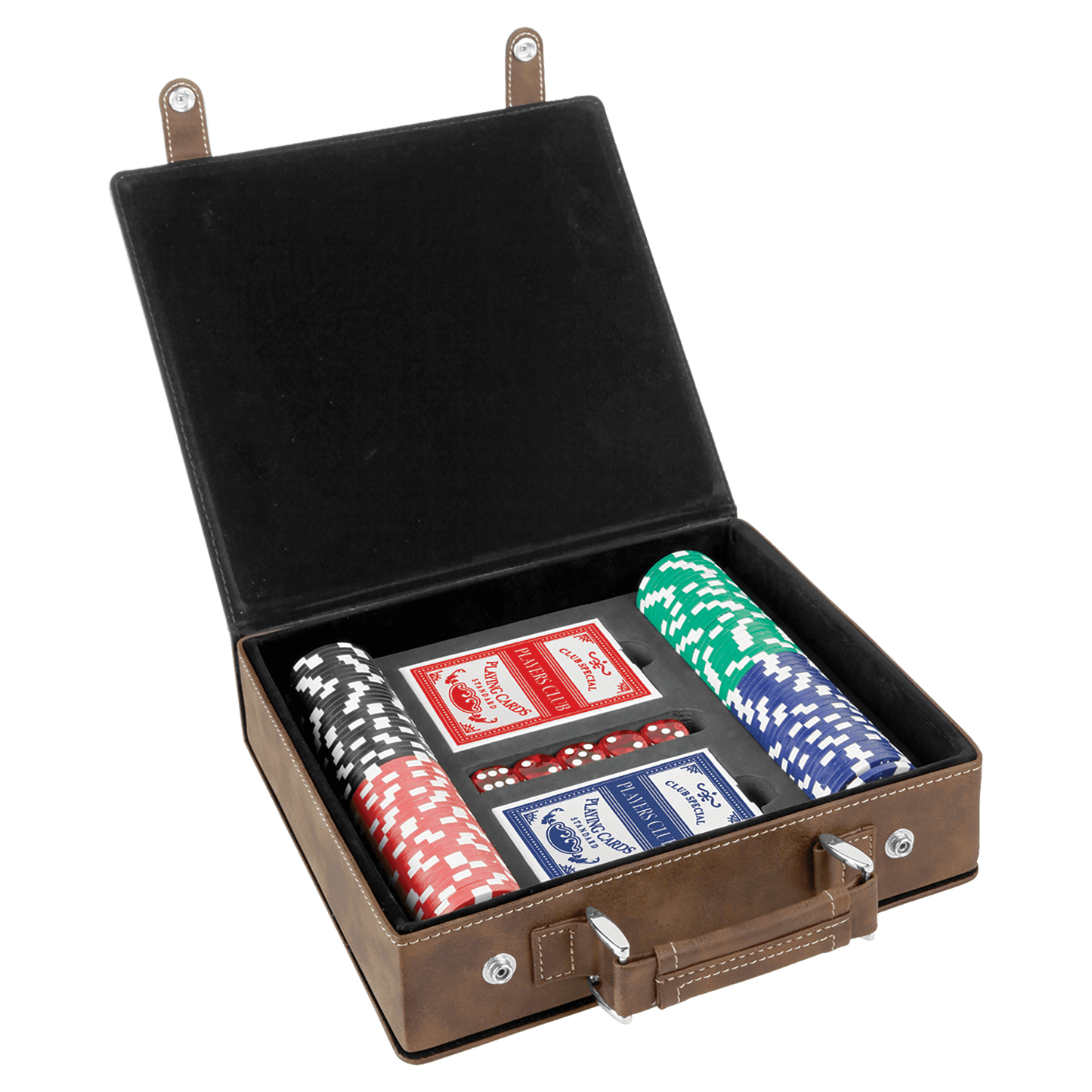 Poker set with cards, chips, and dice in a brown leather case on a white background