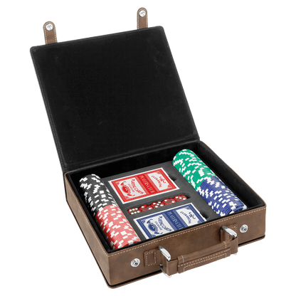 Poker set with cards, chips, and dice in a brown leather case on a white background