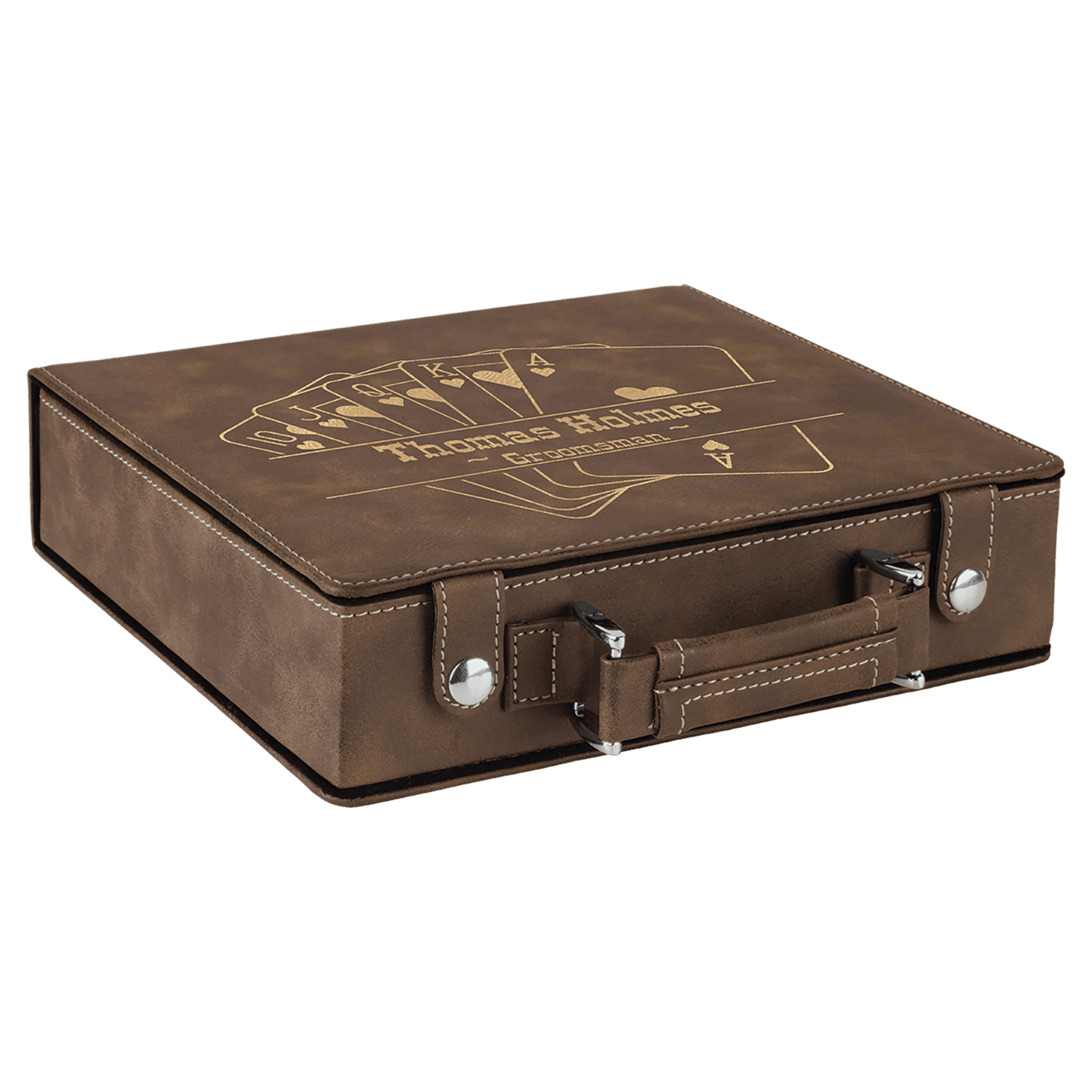 Brown leather poker case with engraved design on a white background