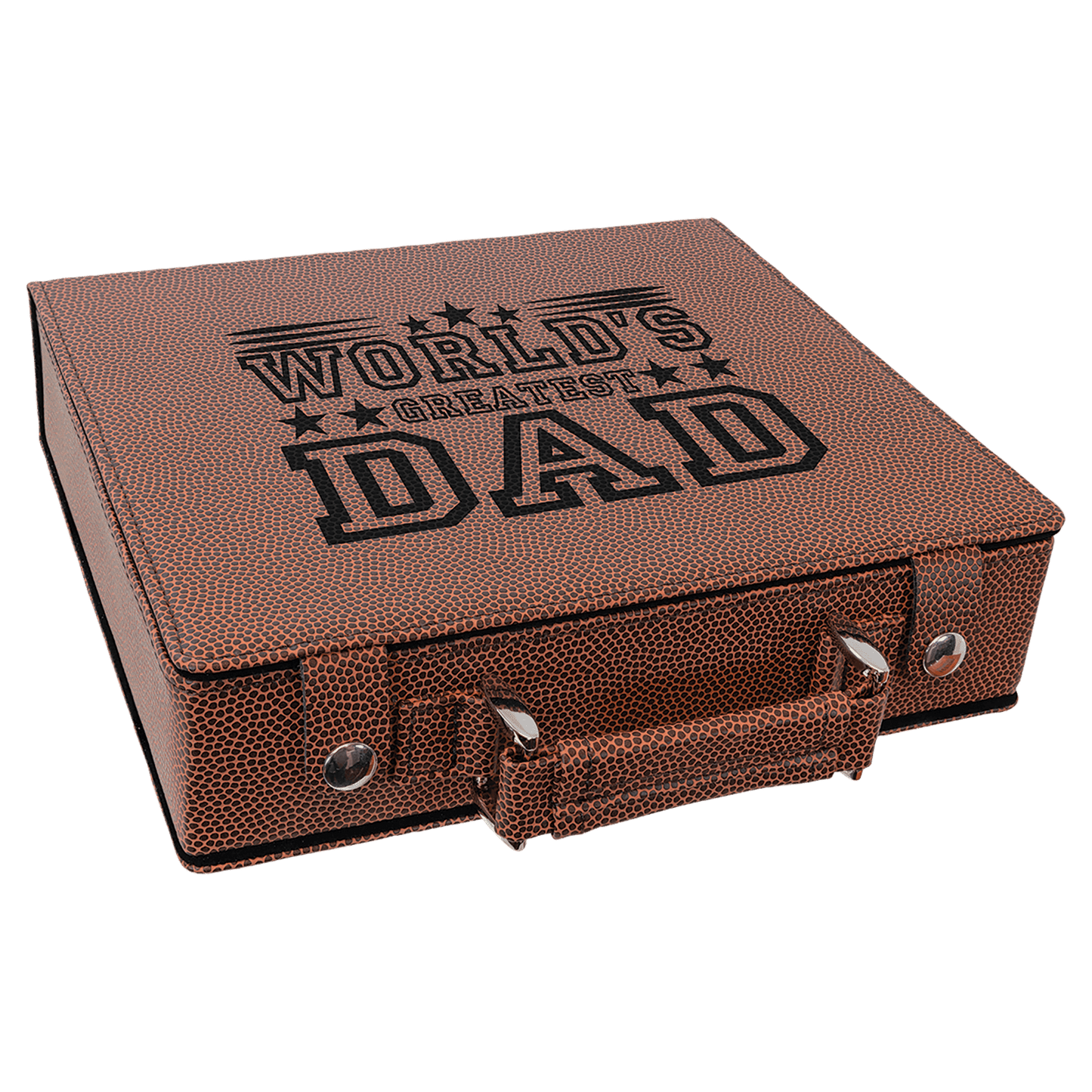 Football leather poker case with 'World's Greatest Dad' text on a transparent background