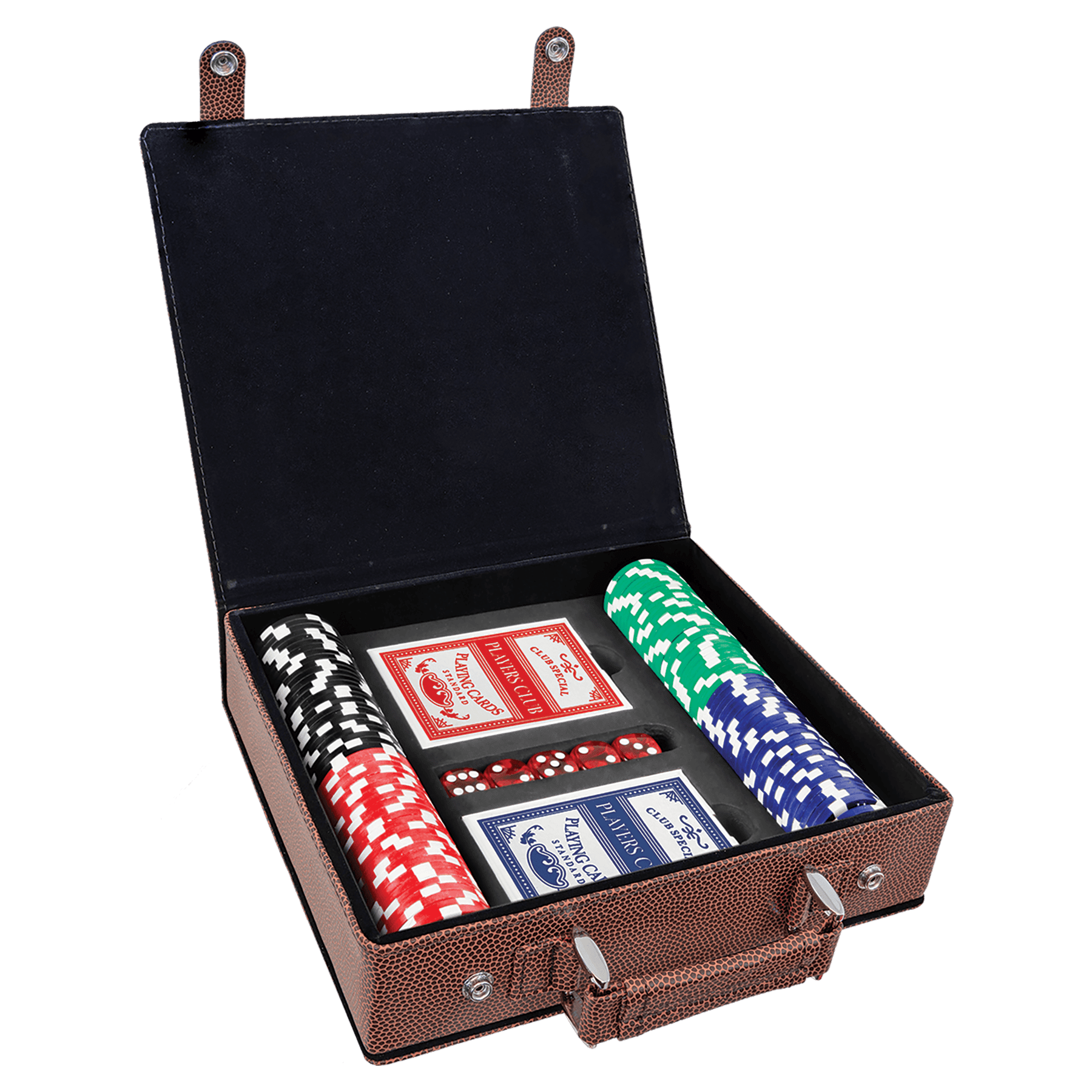 Poker set with cards, chips, and dice in a black and football leather case on a clear background