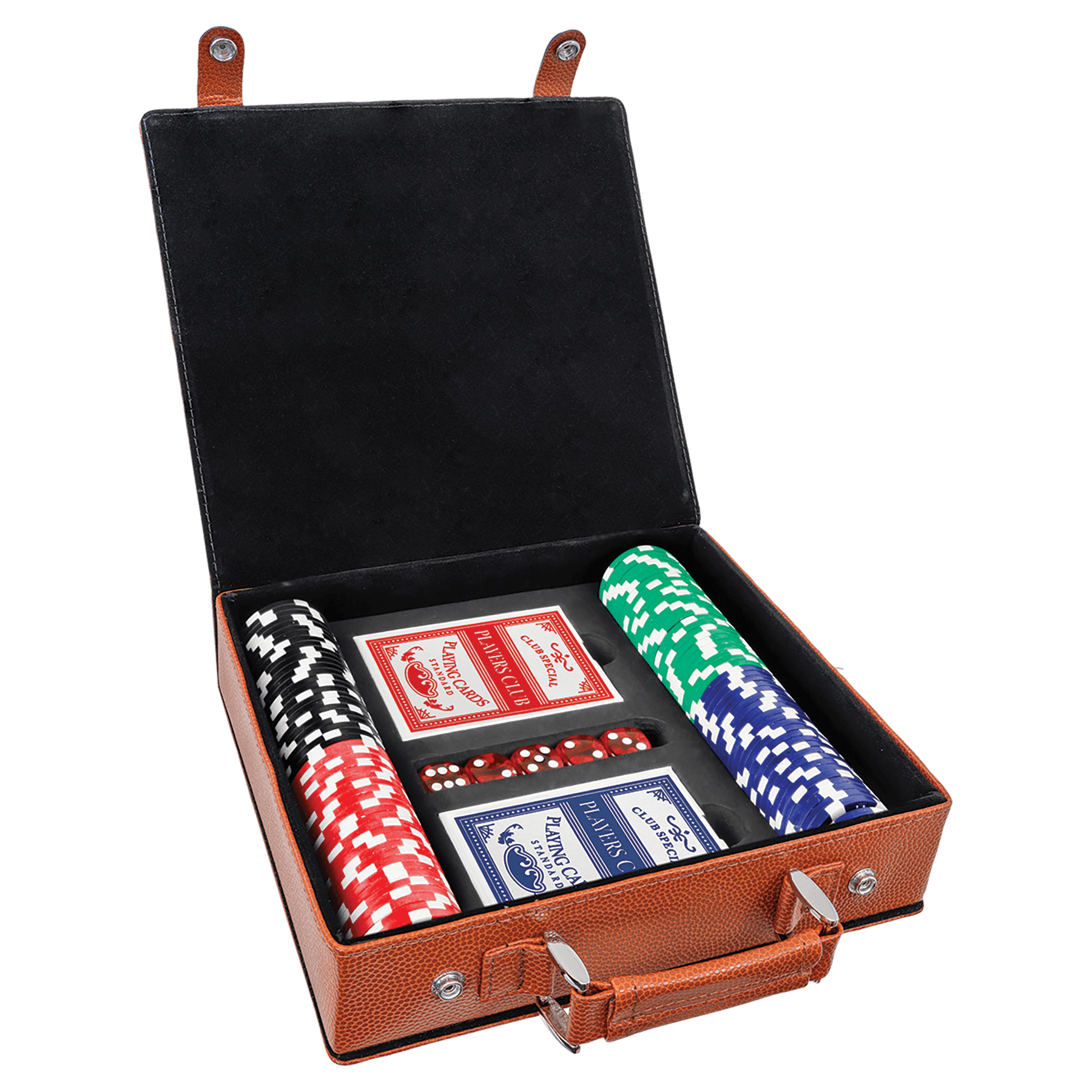 Poker set with cards, chips, and dice in a basketball leather case on a clear background