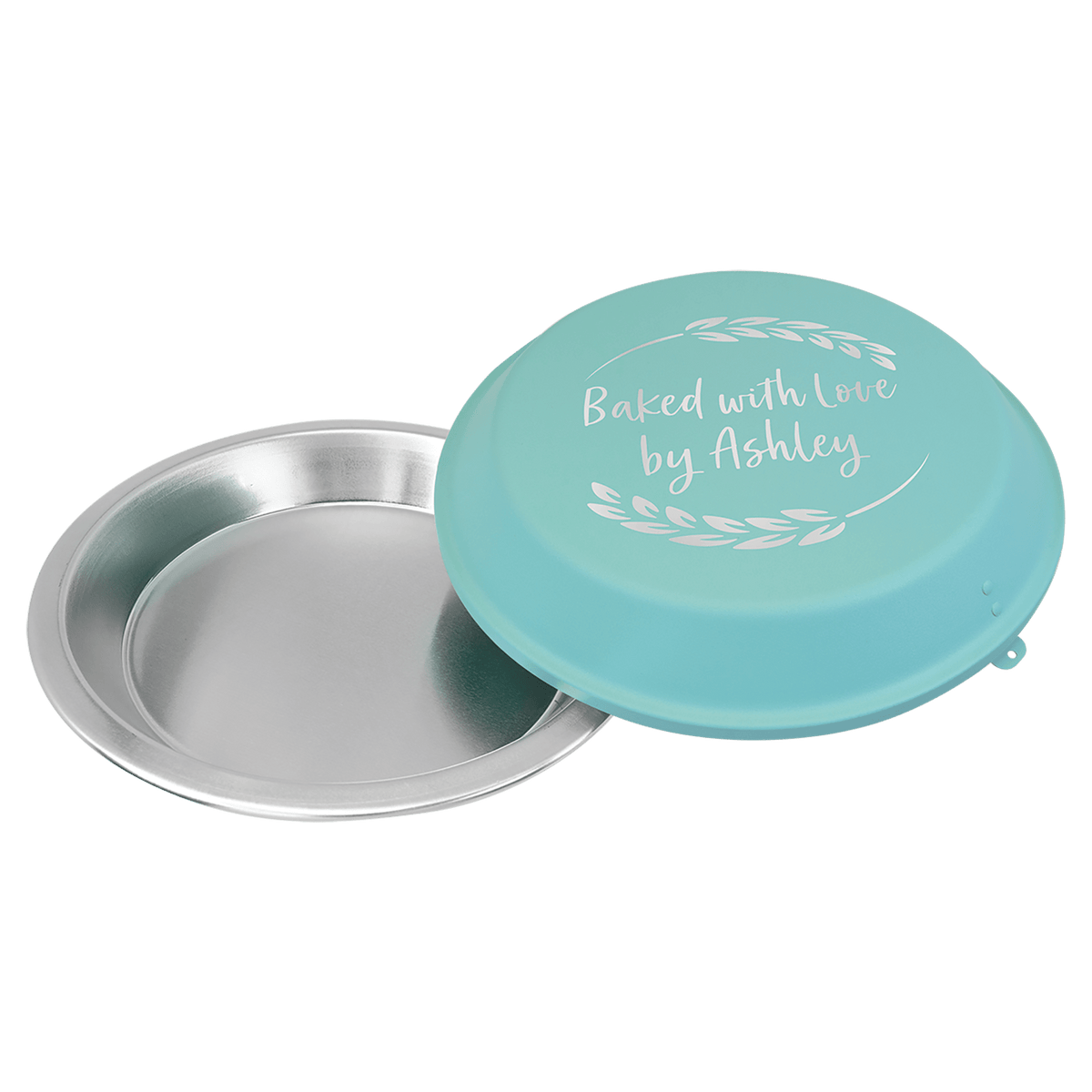 Personalized 9 inch aluminum pie pan with engraved teal lid