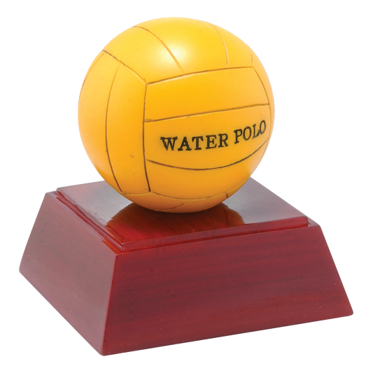 Water polo ball trophy with a yellow water polo ball on a rosewood-finish base