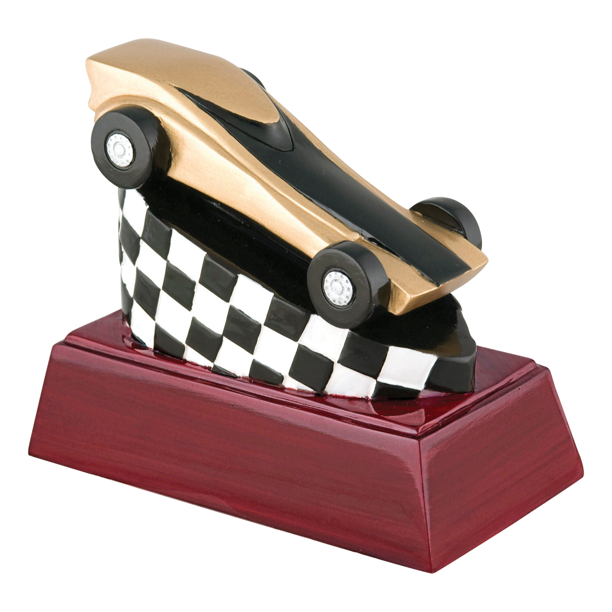 Pinewood derby trophy with a gold and black car over a checkered flag on a rosewood-finish base