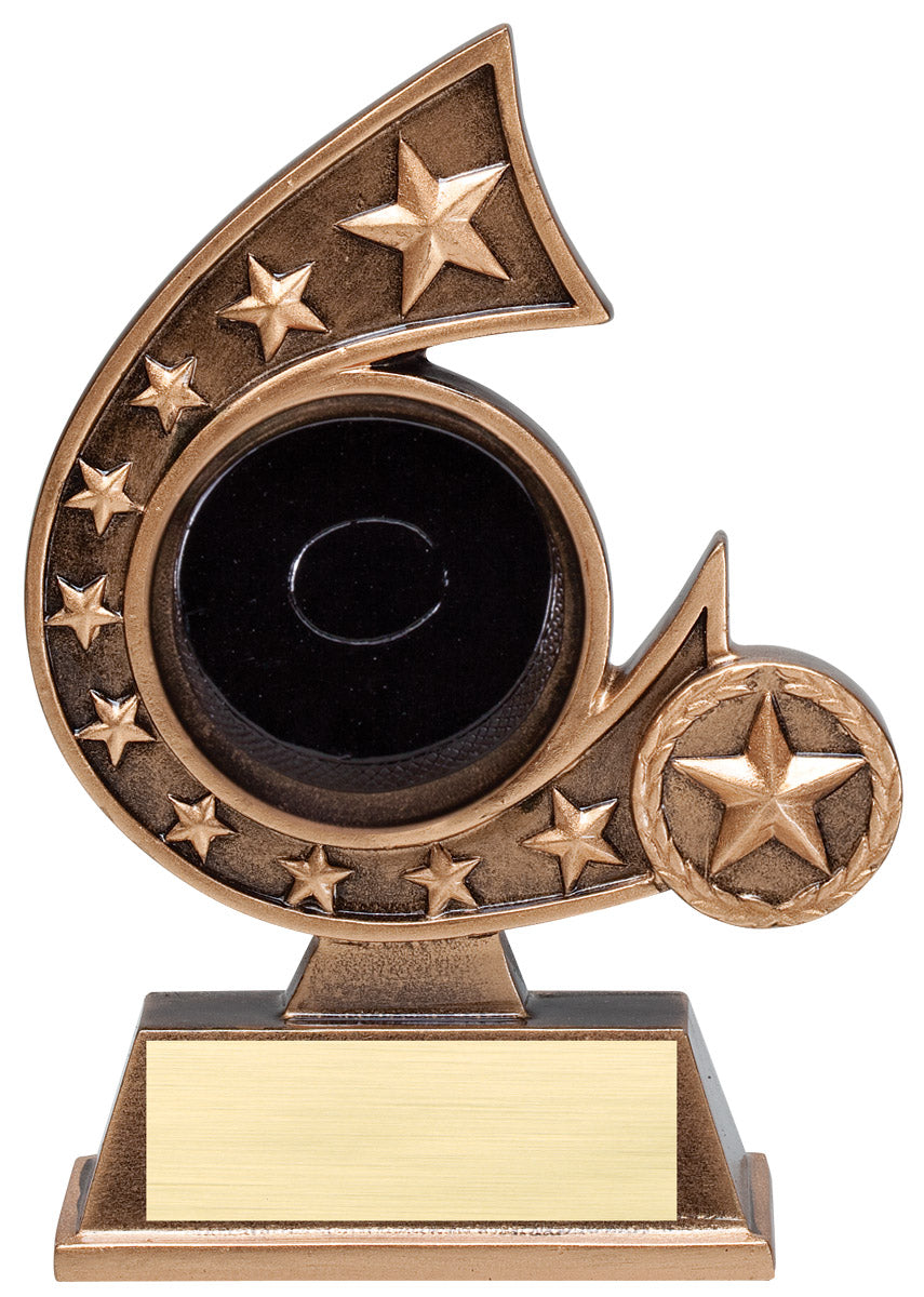 Comet hockey puck trophy with star-studded comet swirl
