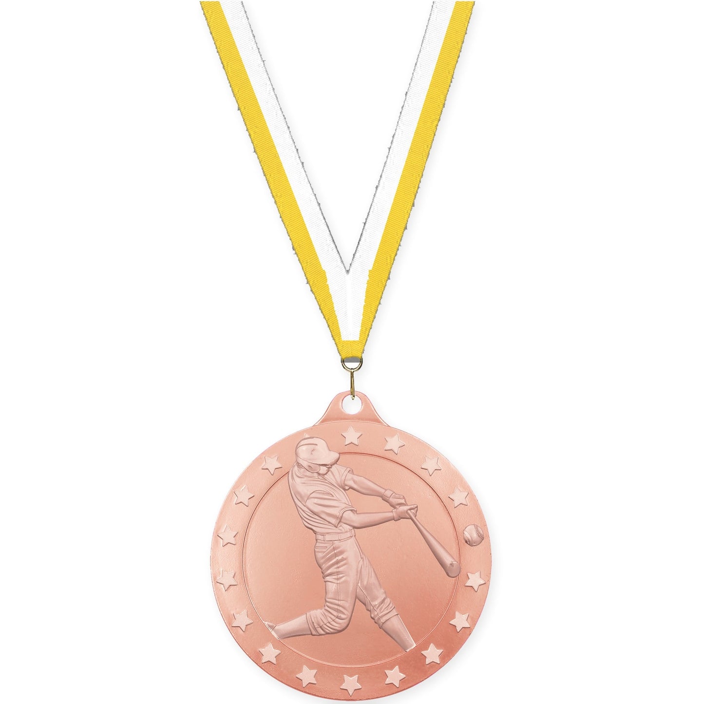 2 inch baseball Radiance medal in bronze with Yellow White neck ribbon