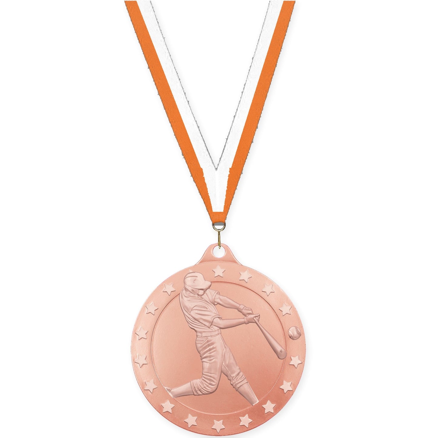 2 inch baseball Radiance medal in bronze with Orange White neck ribbon