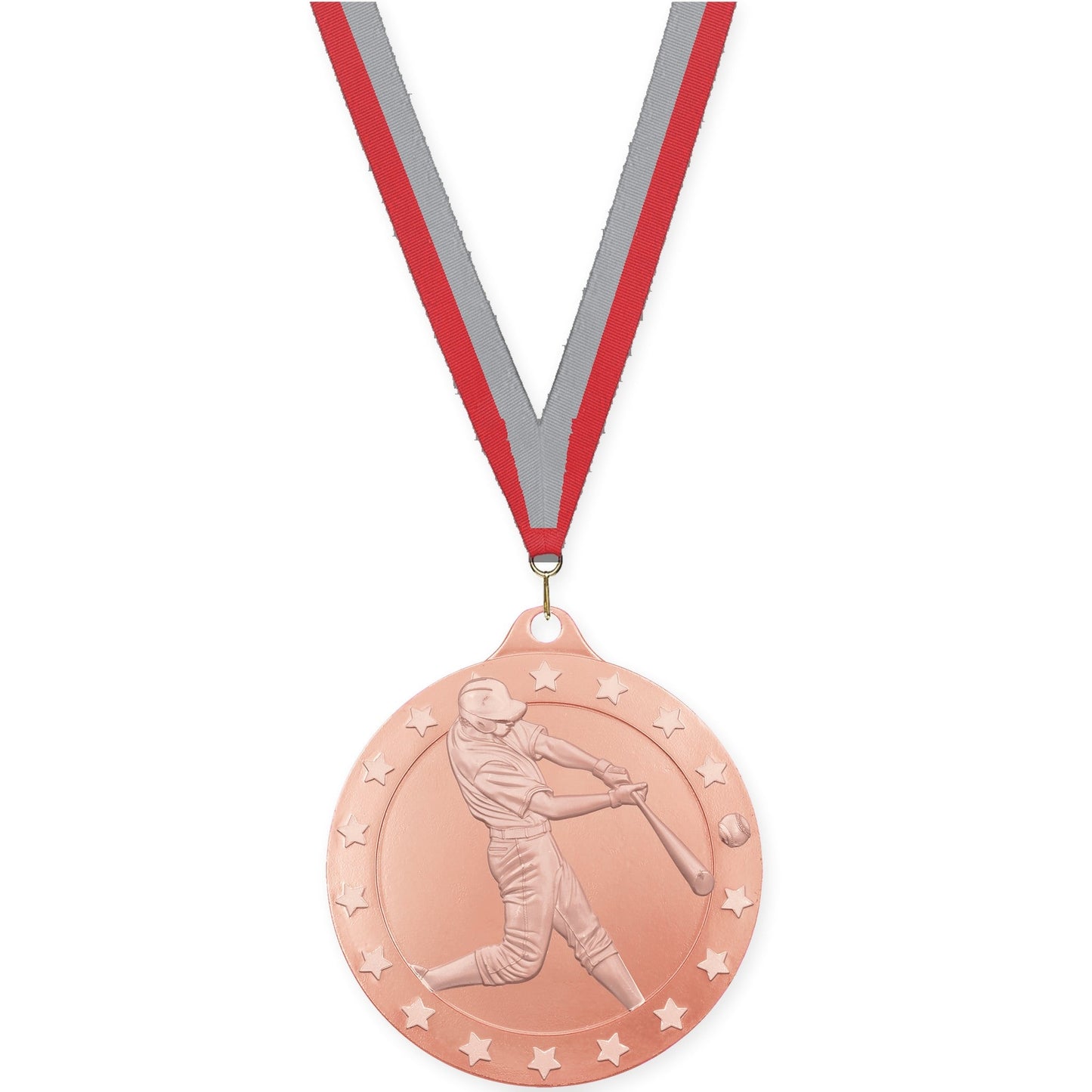 2 inch baseball Radiance medal in bronze with Red Gray neck ribbon
