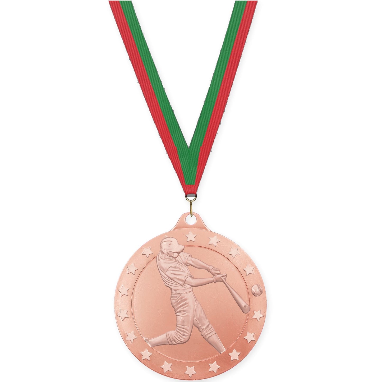 2 inch baseball Radiance medal in bronze with Red Green neck ribbon