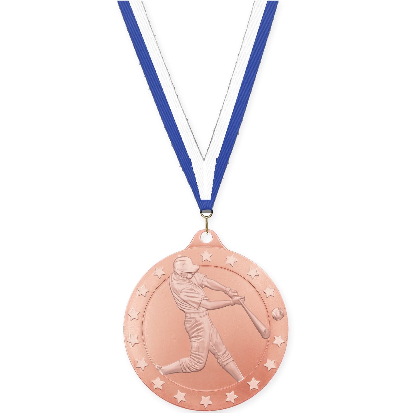2 inch baseball Radiance medal in bronze with Blue White neck ribbon