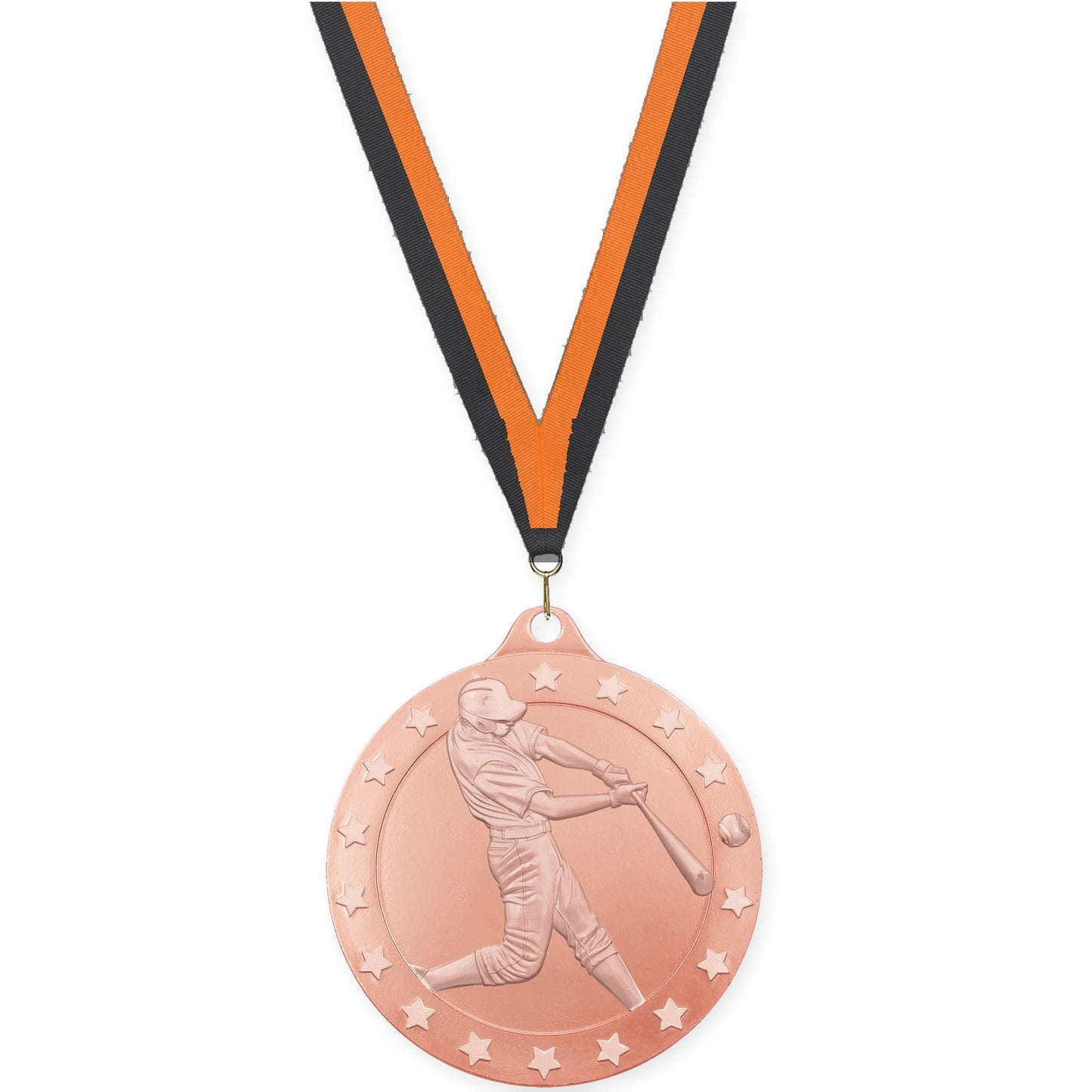2 inch baseball Radiance medal in bronze with Black Orange neck ribbon