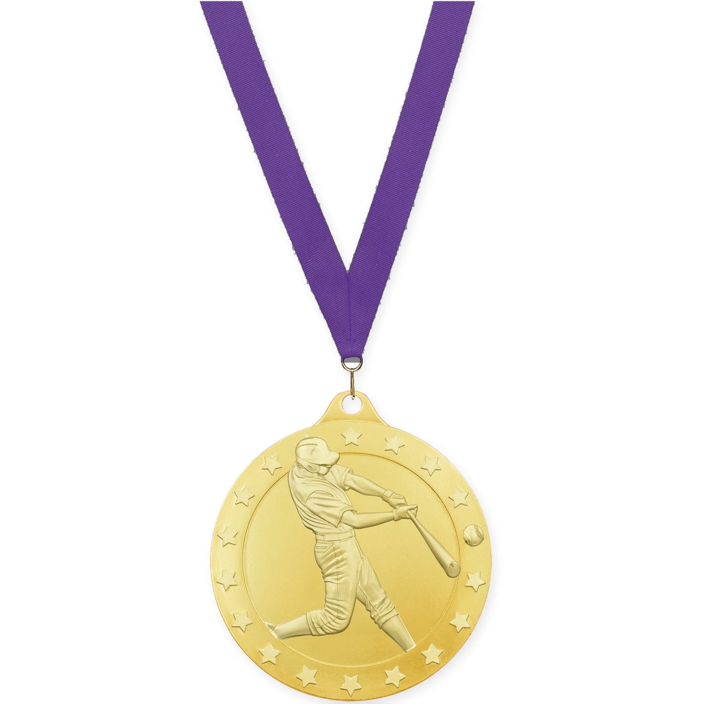 2 inch baseball Radiance medal in gold with Purple neck ribbon