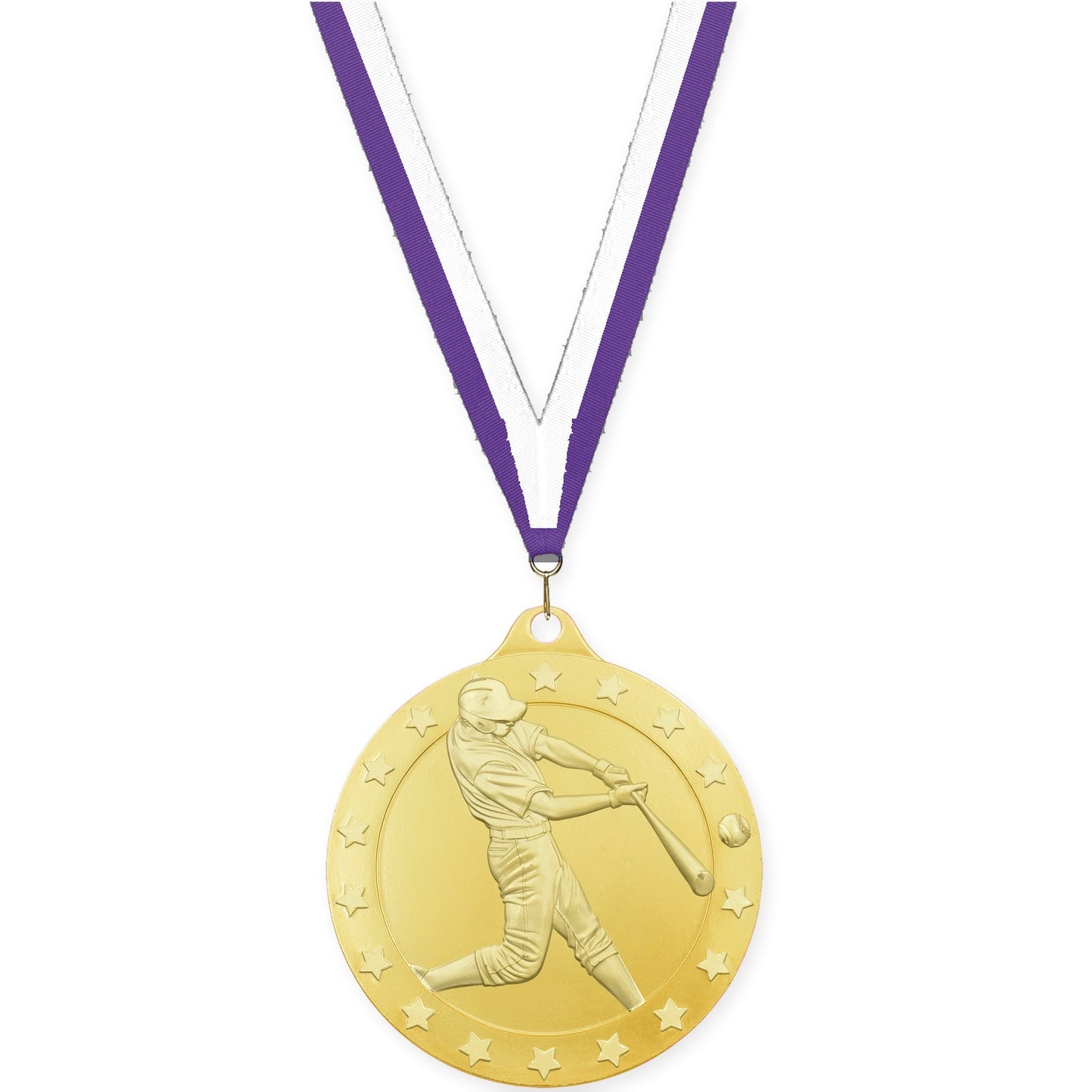 2 inch baseball Radiance medal in gold with Purple White neck ribbon