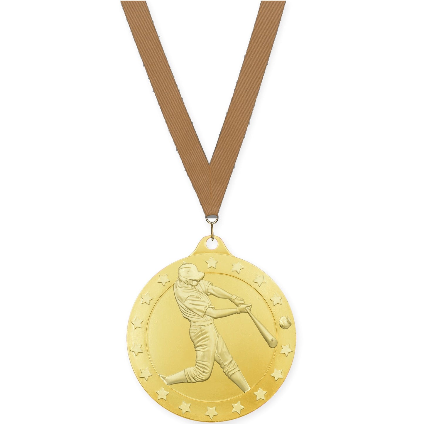 2 inch baseball Radiance medal in gold with Bronze Metallic neck ribbon