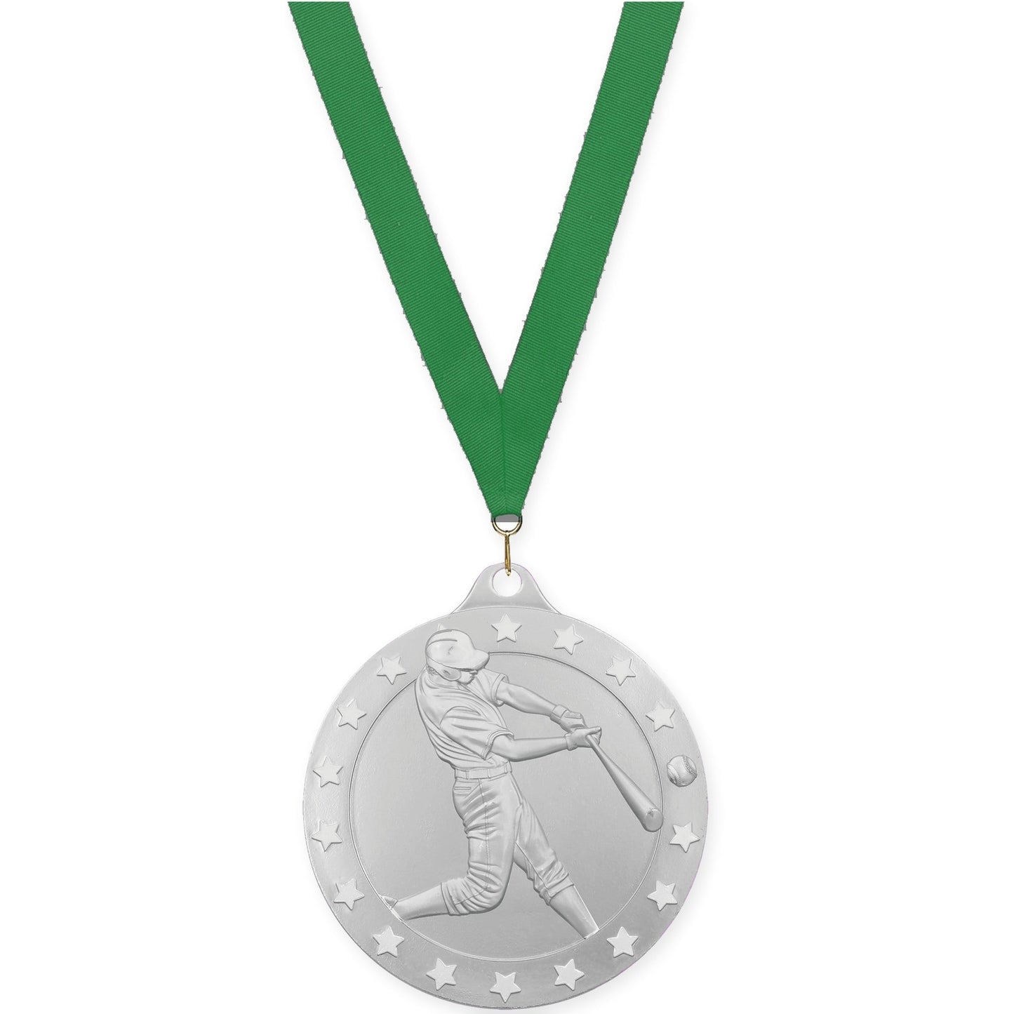 2 inch baseball Radiance medal in silver with Green neck ribbon