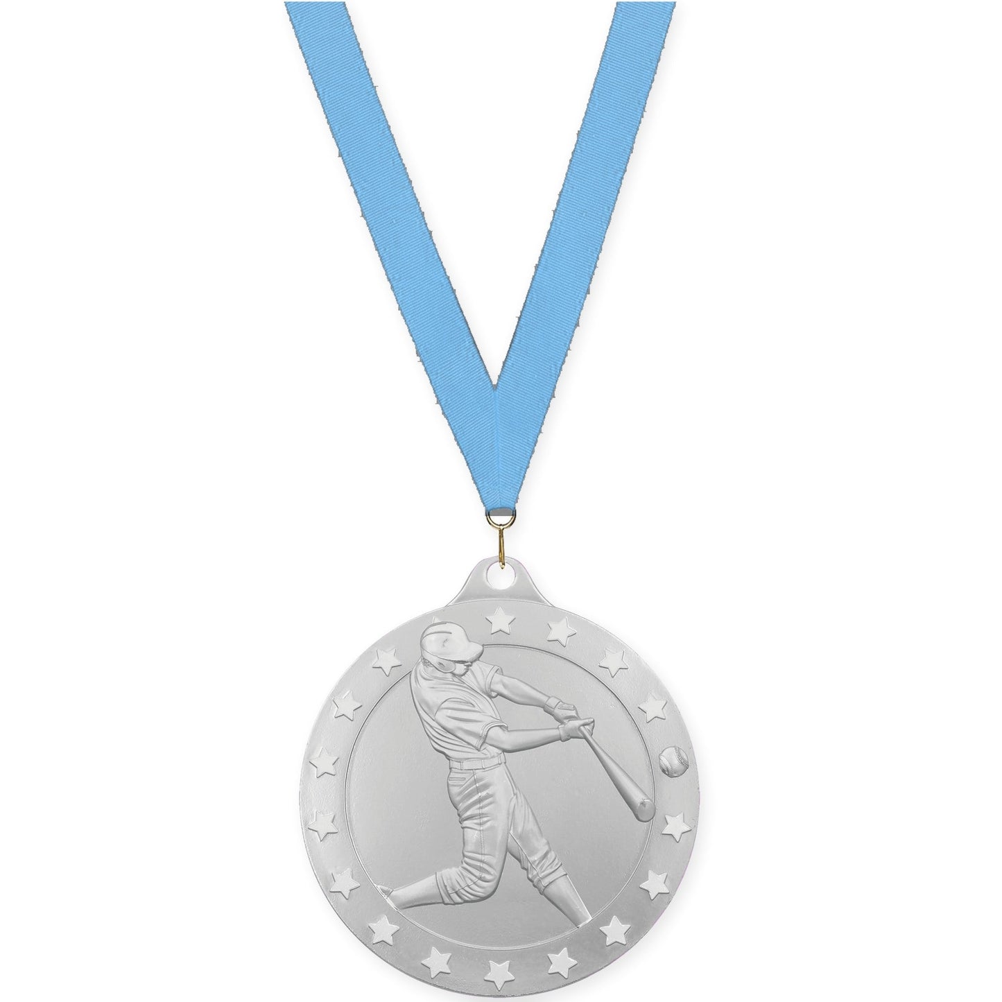 2 inch baseball Radiance medal in silver with Light Blue neck ribbon